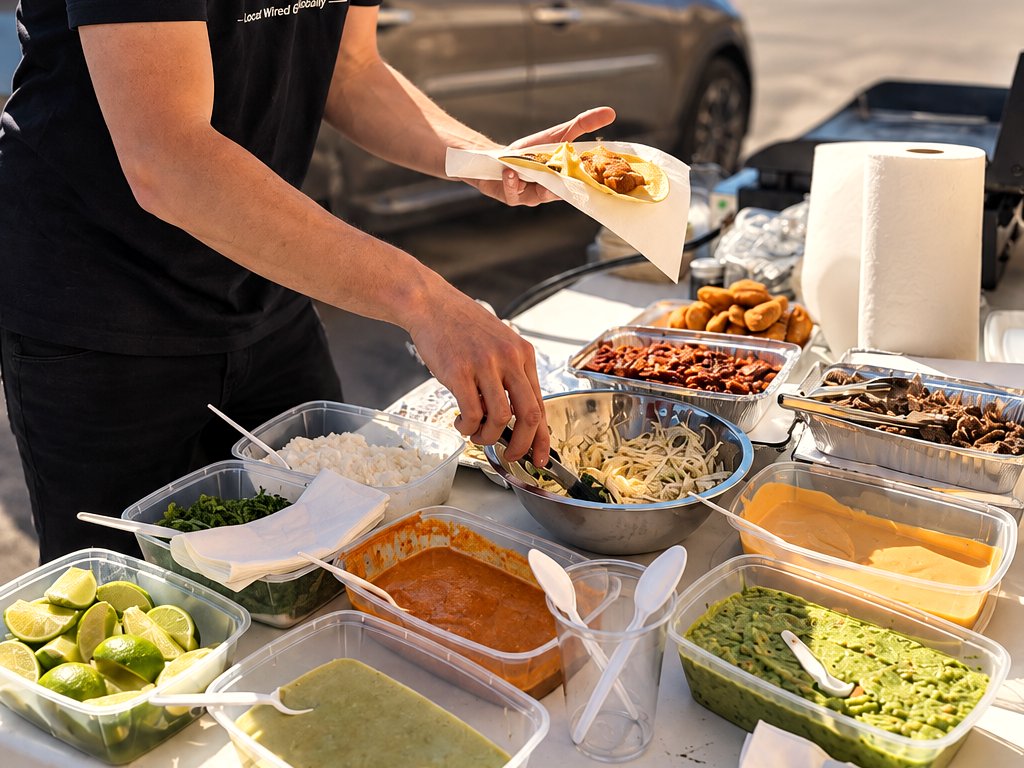 BIAO taco bar spread with fresh salsas, guacamole and toppings