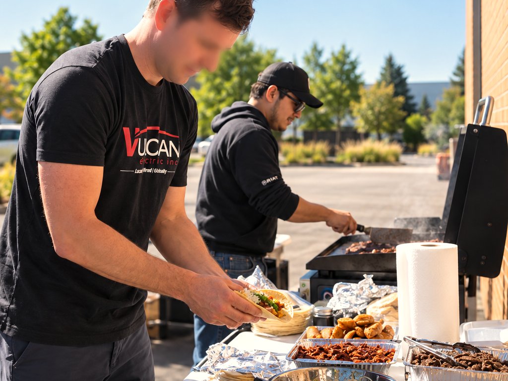 Guests building tacos at a live outdoor catering event